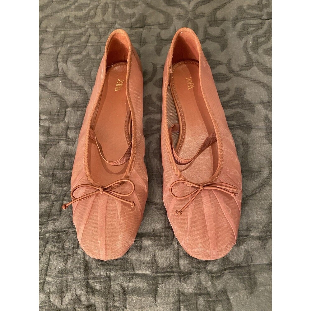 Zara Mesh Bow Ballet Flats Dusty Rose salmon Pink Balletcore Women’s Size 9